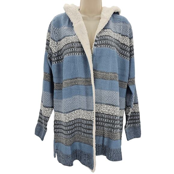 Lety & Me Womans size L Zola Sherpa Trim Hooded Cardigan Sweater Blue Gray NEW - Picture 1 of 8